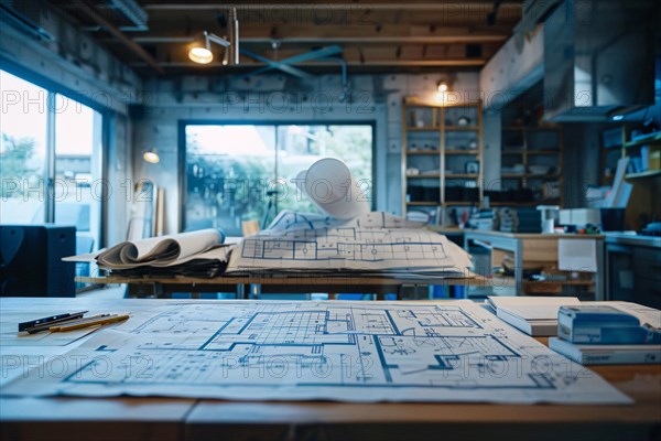 A well-used workspace with architectural blueprints and drafting tools, AI generated