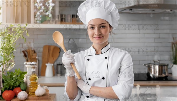 AI generated, An attractive blonde chef in the kitchen of a hotel