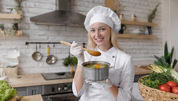 AI generated, An attractive blonde cook in the kitchen of a hotel tastes a vegetable soup