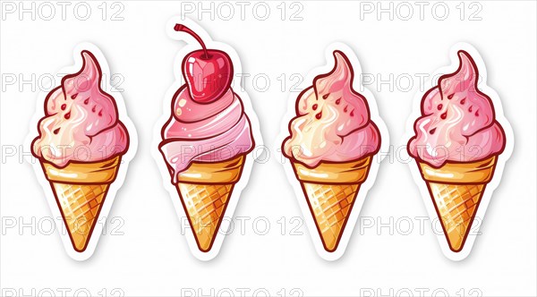 A set of pink ice cream cones with a cherry on top illustrated in a delicious style, ai generated, AI generated