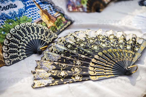 Close look of beautiful flamenco fans in Seville, Andalusia, Spain, Europe