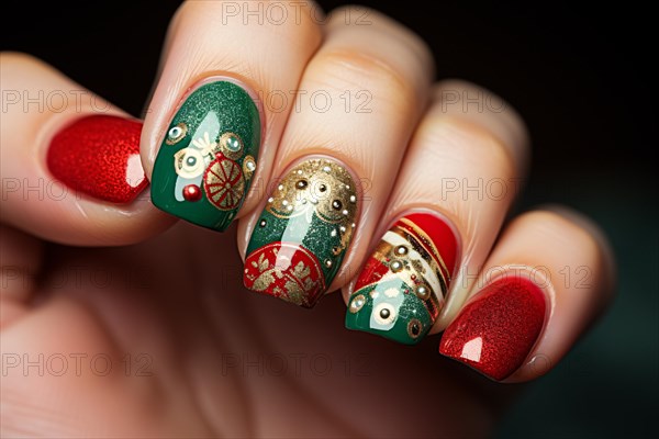 Woman's fingernails with festive green, red and gold Christmas nail art design. KI generiert, generiert AI generated