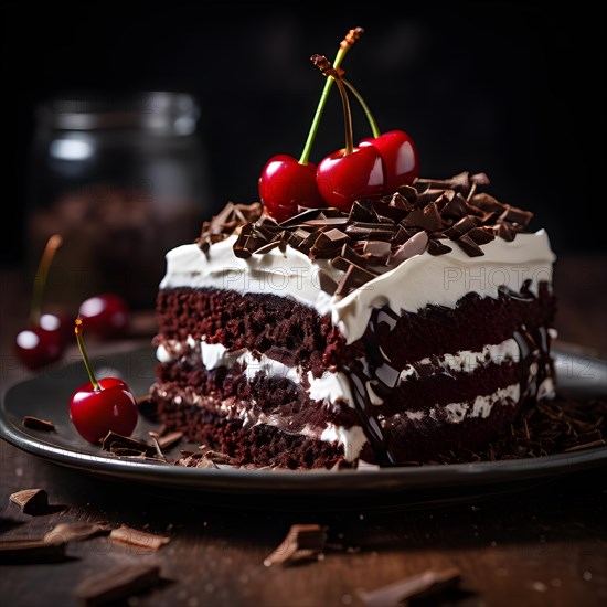 Black Forest gateau on a porcelain plate, AI generated, AI generated