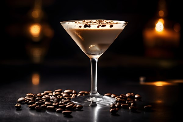 Espresso martini in a frosted cocktail glass adorned with three coffee beans, AI generated