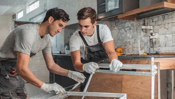 Ki generated, Two young men assemble furniture, DIY, wear gloves to protect hands from splinters and an assembly, lots of frustration and trouble, furniture assembly, do it yourself, installing a new kitchen