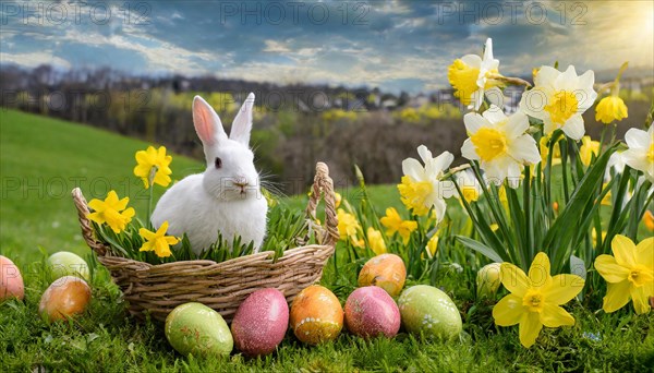 Ai generated, An Easter basket with coloured eggs in a meadow with colourful flowers, in the basket a white rabbit, symbolic picture Easter, animal children, dwarf rabbit