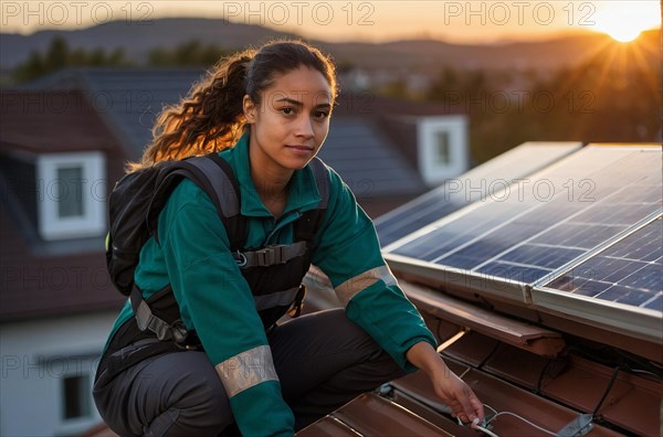 Focused technician working on solar panels on a roof at evening time, blurry selective focus background, bokeh, AI generated