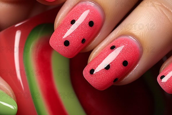 Close up of woman's fingernails with fun summer themed watermelon nail art design. KI generiert, generiert AI generated