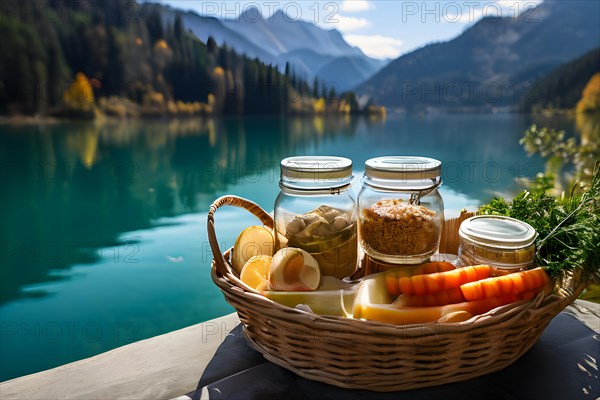 Woven basket filled with glass jars homemade hummus carrot sticks, AI generated