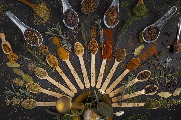 Various spices and herbs on spoons around a mortar on a dark background