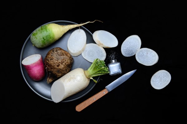 Various radishes on a plate, sliced, Raphanus