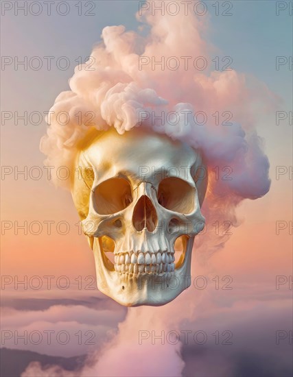 Big human skull fuming pink smoke above the clouds. Conceptual vaporwave background in pastel colors. AI generated art
