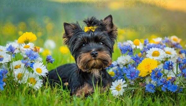 Ki generated, A black Yorkshire Terrier lies in the grass of a meadow with many flowers, dog breed, (Canis lupus familiaris)