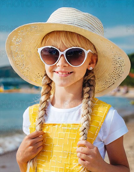 KI generated, An 8 year old blonde girl with sunglasses and a straw hat is on holiday on the beach in the Caribbean