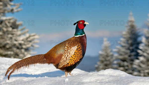 KI generated, A pheasant (Phasianus colchicus), one, individual, sideways, chicken birds, male, cock