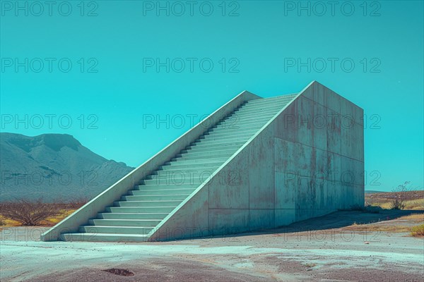 Triangular concrete staircase against a teal sky in a serene desert setting with mountain views, AI generated