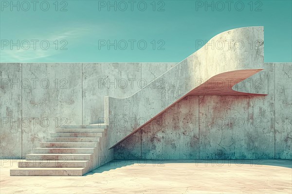 Modern staircase with a curved design against a clear blue sky, exemplifying minimalist architecture, AI generated