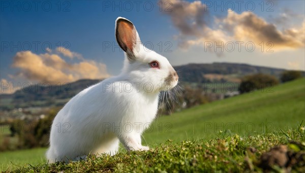 KI generated, A white dwarf rabbit in a meadow in summer, side view, (Brachylagus idahoensis)