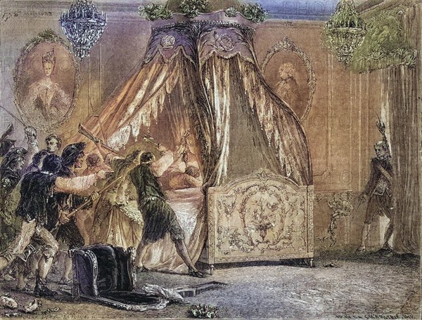 The Queen's bedchamber is stormed, 5 October 1789, Versailles, France, Historical, Digitally restored reproduction from a 19th century original, Record date not stated, Europe
