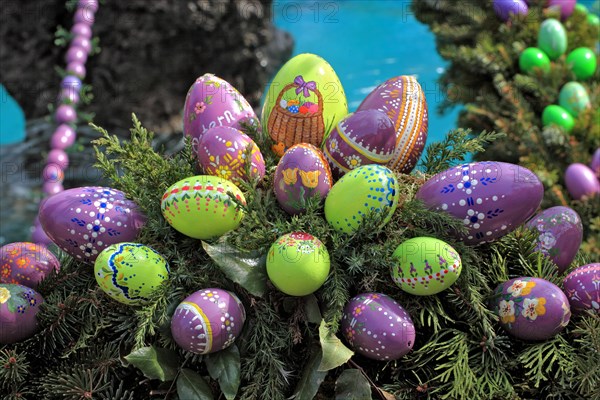 Detail of an Easter fountain in Franconian Switzerland, Bamberg district, Upper Franconia, Germany, many colourful blown-out and dyed eggs as decoration, Easter custom, Europe