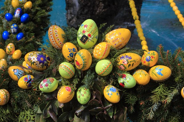 Detail of an Easter fountain in Franconian Switzerland, Bamberg district, Upper Franconia, Germany, many colourful blown-out and dyed eggs as decoration, Easter custom, Europe