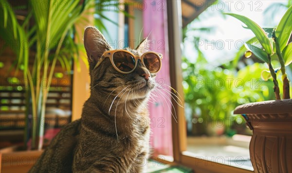 A relaxed cat with sunglasses sits on a windowsill, basking in sunlight AI generated