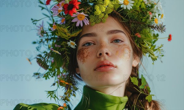 Person with a flower crown looking upward with a clear blue sky AI generated