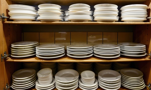 Neatly stacked plates and dishes in a wooden kitchen cabinet with open doors AI generated