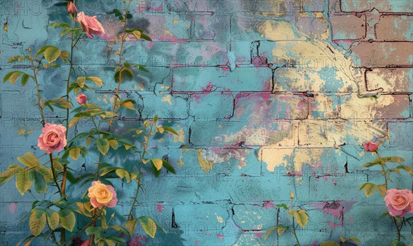 Weathered turquoise brickwork with blooming flowers adding rustic charm AI generated