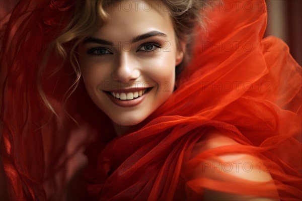 Smiling attractive young woman with red tulle dress. KI generiert, generiert AI generated