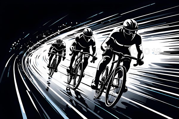 Line art black and white cyclist in velodrome, AI generated