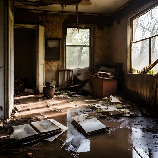 Interior of a flooded home furniture and personal items drenched, AI generated