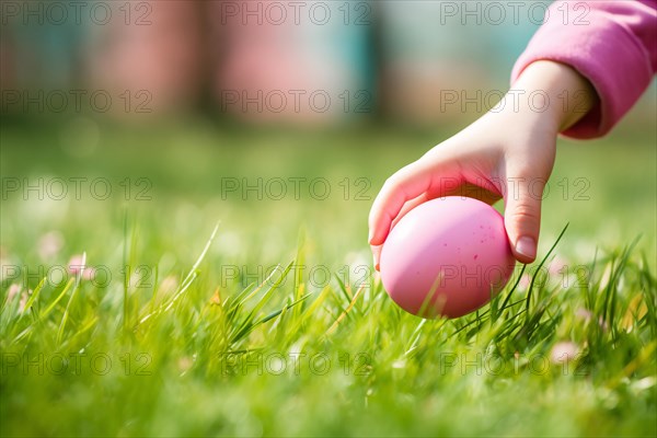 Hand of child picking up pink painted easter egg from grass during egg hunt. KI generiert, generiert AI generated