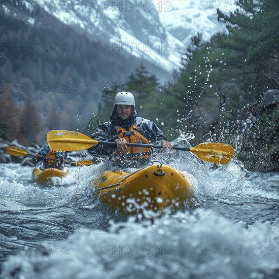 Whitewater riders ride boats through rapids, AI generated