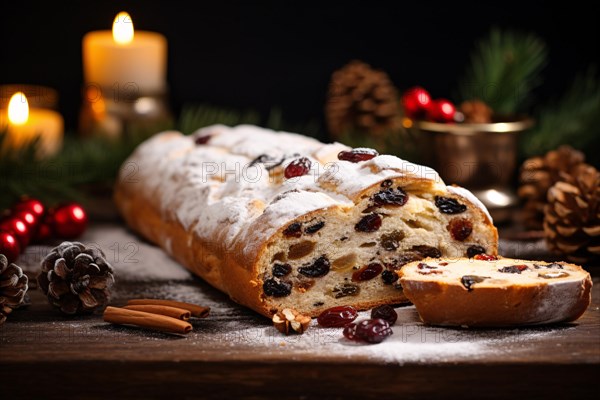 Traditional winter Christstollen cake with ingredinets on wooden table with dark background. KI generiert, generiert AI generated