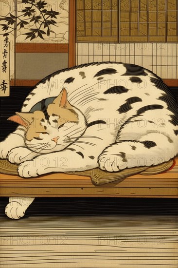 A contented fat cat relaxes in a traditional Japanese ukiyo-e style artwork, vertical aspect, AI generated