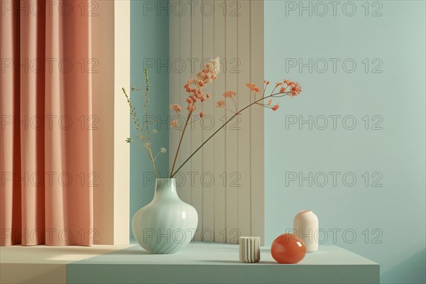 Bright minimalist interior decor with a pastel-colored vase and flowers, AI generated