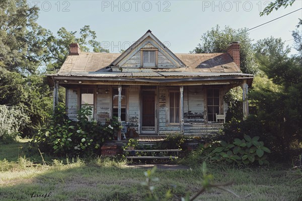 Weathered abandoned house with overgrown foliage on its porch, AI generated