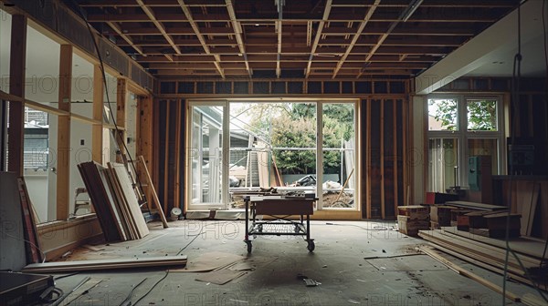 Wooden frame of a house under construction, with open space visible, AI generated