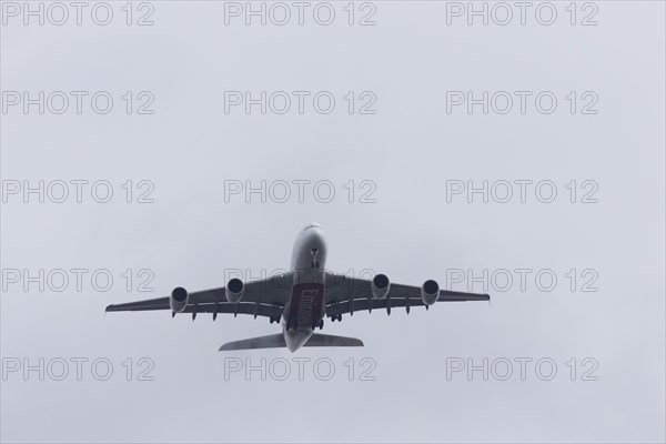 Airbus A380 aircraft of Emirates airlines on approach to land at Heathrow airport, England, United Kingdom, Europe