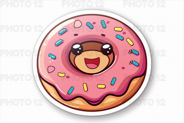 A cute cartoon donut with smiling face, pink icing, and colorful sprinkles, ai generated, AI generated