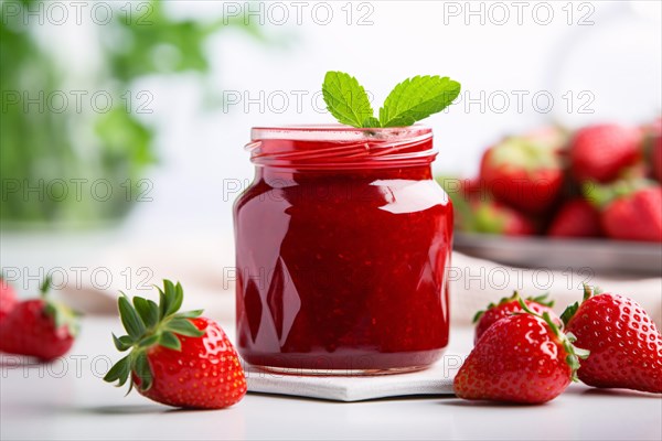 Glass jarw ith red strawberry jam or marmelade surrounded by fruits. KI generiert, generiert AI generated