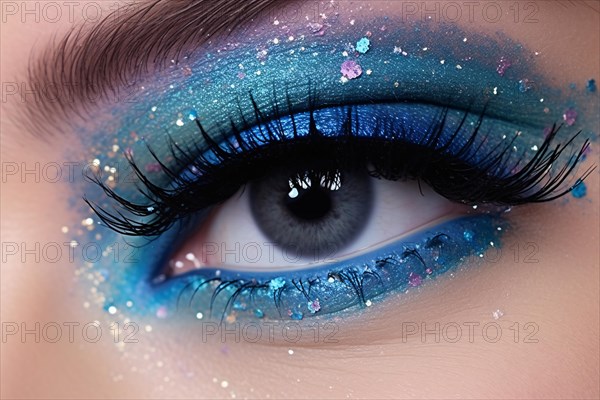 Close up of woman's eye with beautiful blue eyeshadow makeup with glitter and dark long black eyelashes. KI generiert, generiert AI generated