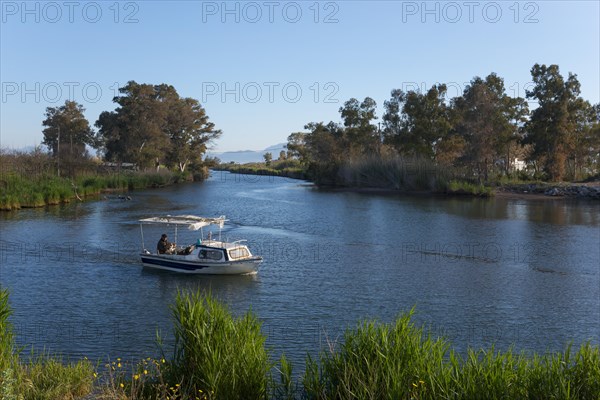 A small boat sails on a sunny river surrounded by trees and green vegetation, mouth of the Pamisos river, Messini, Messinia, Peloponnese, Greece, Europe
