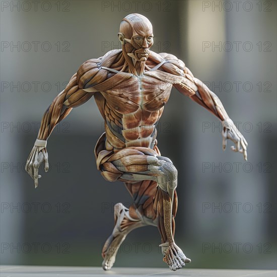 Anatomical model in a running pose shows the muscle dynamics of the human body, AI generated, AI generated, AI generated