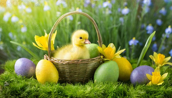 KI generiert, An Easter basket with coloured eggs in a meadow with colourful flowers, in the basket a gosling, chick, symbolic image easter, animal children, goose