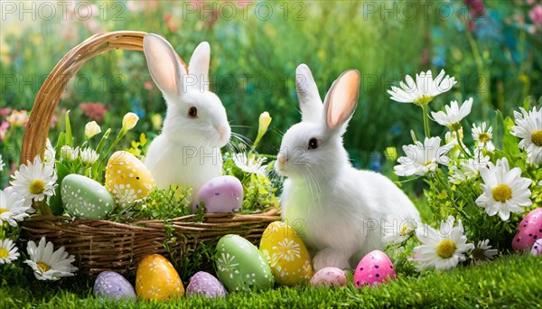 Ai generated, An Easter basket with coloured eggs in a meadow with colourful flowers, in the basket two white rabbits, symbolic picture Easter, animal children