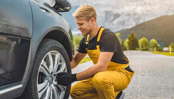 AI generated, A mechanic changes the tyres on a customer's car, Tyre fitting