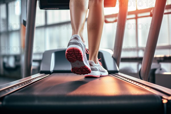 Back view of woman's slim legs in spot sneakers jogging on treadmill in fitness studio. KI generiert, generiert AI generated