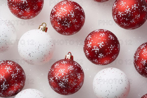 Top view of red and white Christmas tree baubles. KI generiert, generiert AI generated